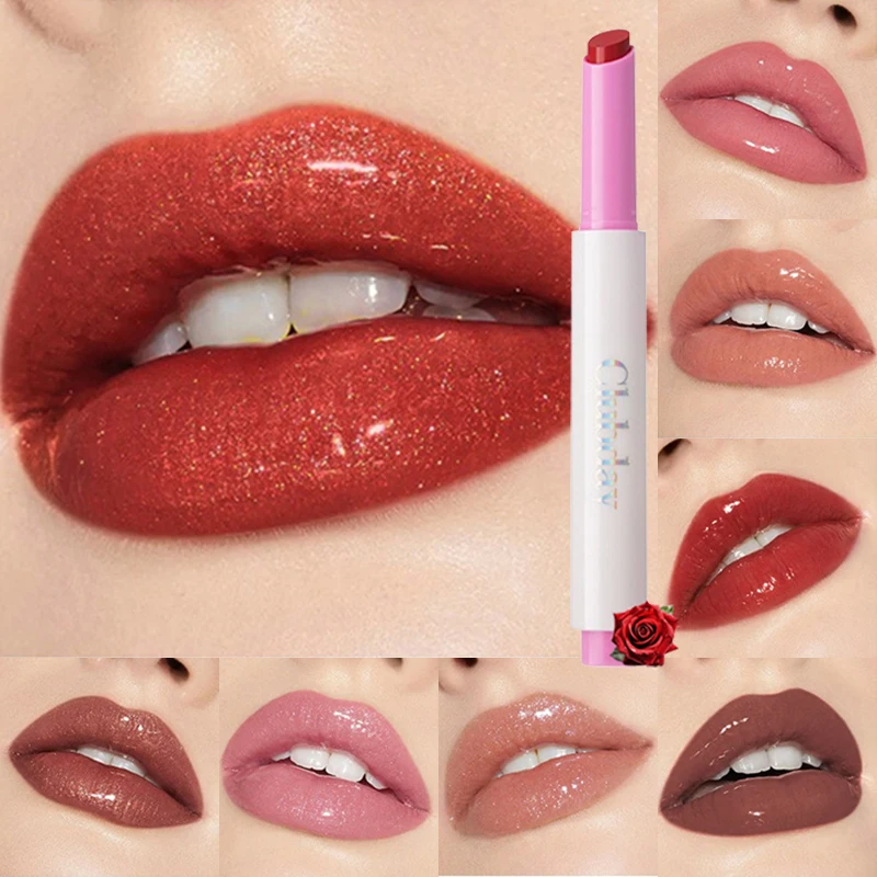Lápiz labial de espejo brillante al agua, bálsamo labial hidratante duradero, brillo de labios sólido con perlas, taza antiadherente roja y marrón Sexy, tinte labial