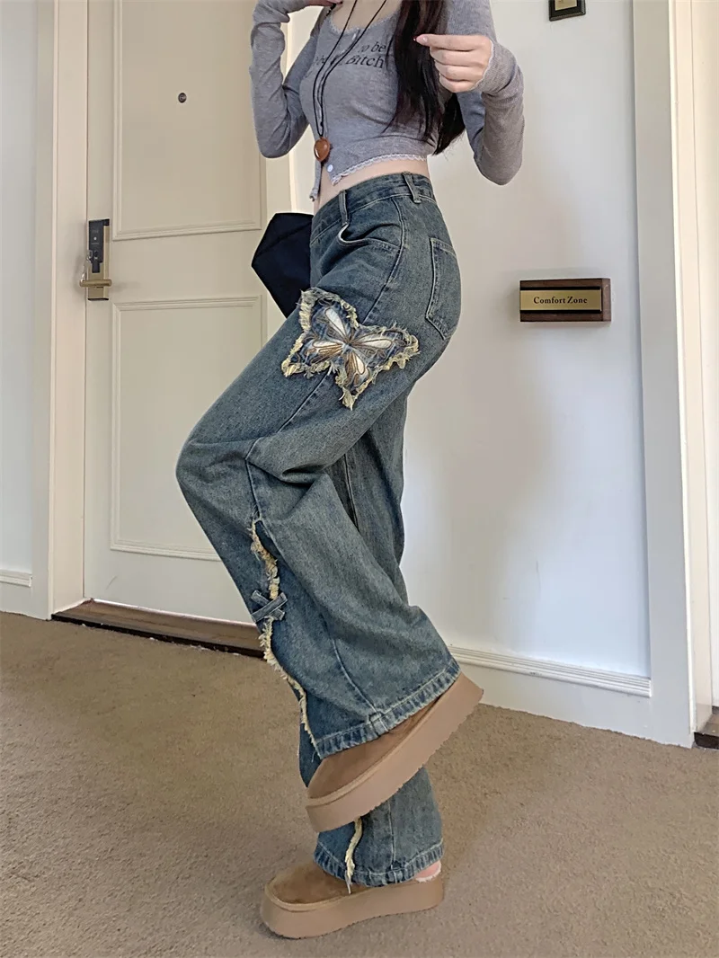 Women's Blue Cargo Baggy Jeans Embroidery Butterfly Y2K Harajuku Streetwear Aesthetics 2000s Vintage Jeans Pants Clothing 2025