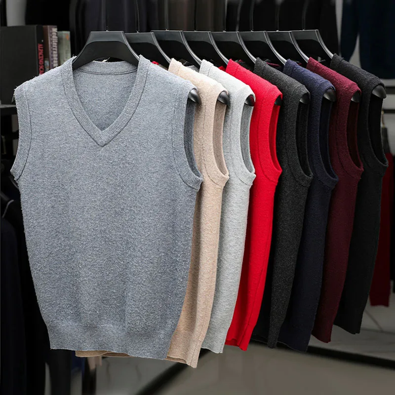 

Осень-зима, мужской кашемировый свитер без рукавов, жилеты, однотонные вязаные пуловеры, мужской жилет с v-образным вырезом, теплый трикотаж, шикарные топы