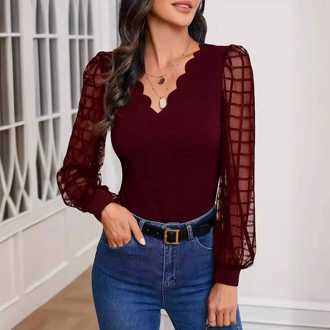 

2025 Autumn Women's Hollow V-Neck Tops Lace Patchwork Shirts Fashion Sexy V Neck Long Sleeve Loose Solid Color Top Shirt Women