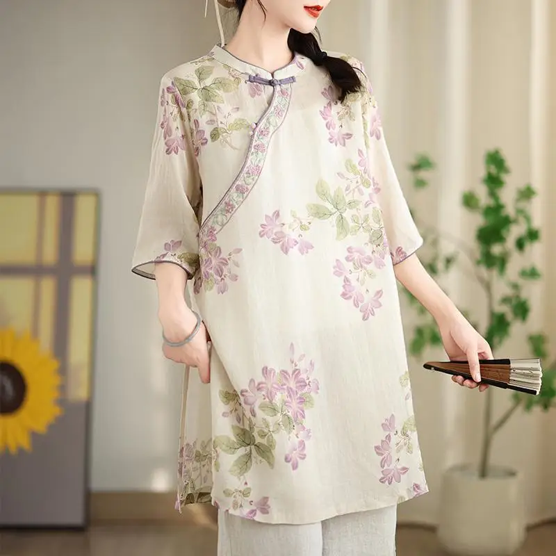 New Summer Chinese Style Women Short Sleeve Loose Vintage embroidery Tee Shirt Improved Cheongsam Long Tshirt Femme Tops