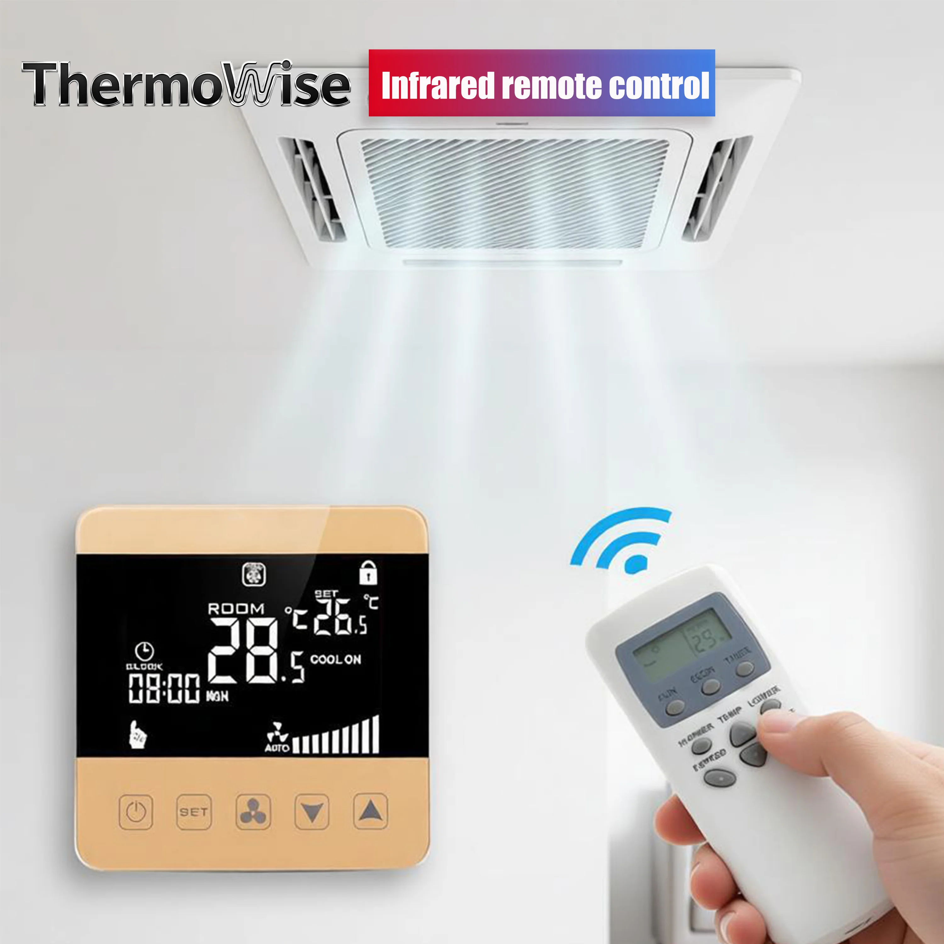 Infrared Remote Control Touch Fan Coil Thermostat 220VAC with 3-Speed 4P 2P Heating Cooling 7days 4 Period Program