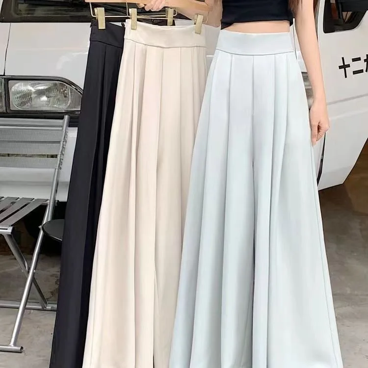 High Waist Wide Leg Pants Skirt Women's Spring Summer Thin Pleated Suit Pants Hanging Sense Slimming Casual Style Trendy