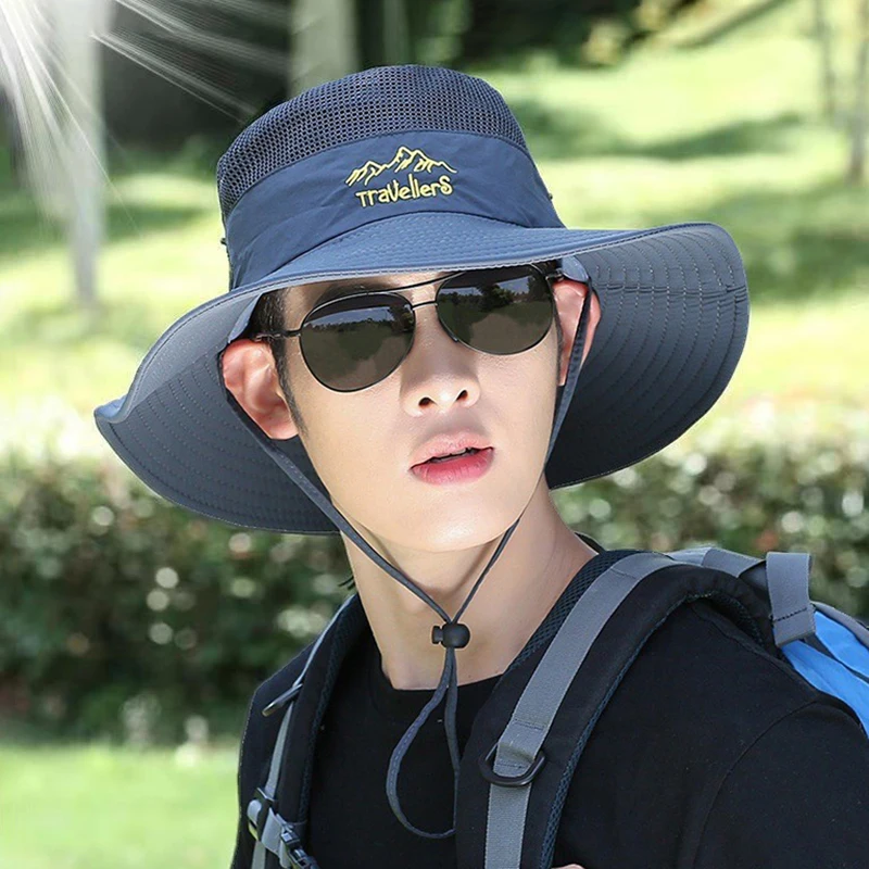 Summer Men Camping Big Brim Sun Protection Fisherman Hat Outdoor Riding Mountaineering Fish Hat Hiking Breathable Hat image 6