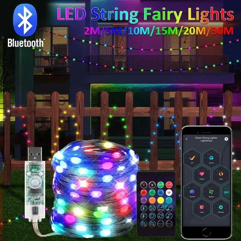 

USB RGBIC LED Smart Fairy Lights APP Control Bluetooth String Light Waterproof Music PVC Wire DIY Birthday Party Christmas Tree