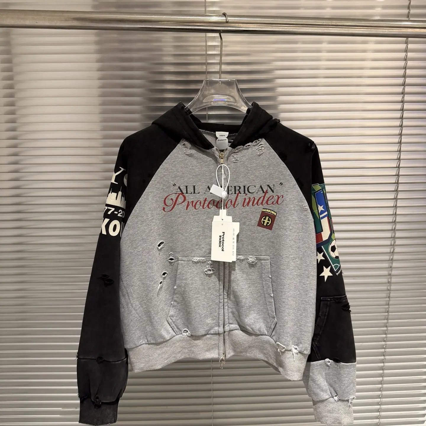 

Protocol index colour blocking patchwork distressed destruction print zipper hoodie sweatshirt jacket