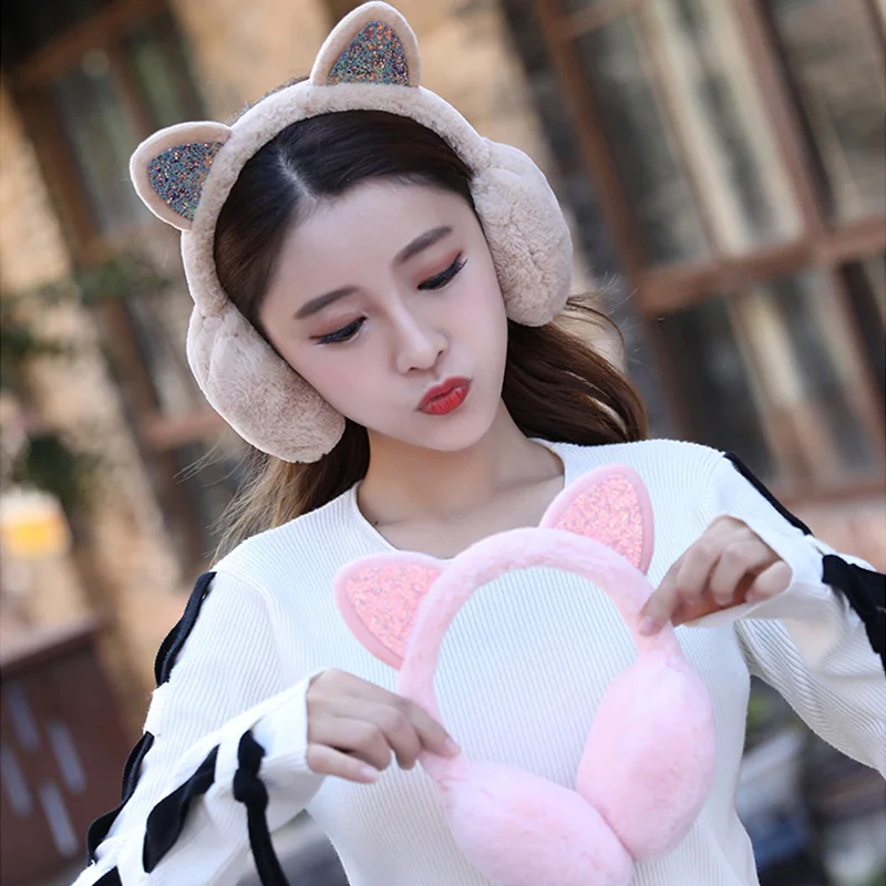 الشتاء الدافئة أفخم غطاء للأذنين للنساء الفتيات الأطفال ركوب التزلج حماية الأذن الكرتون القط غطاء الأذن بريق إيرفلاب الفراء لينة