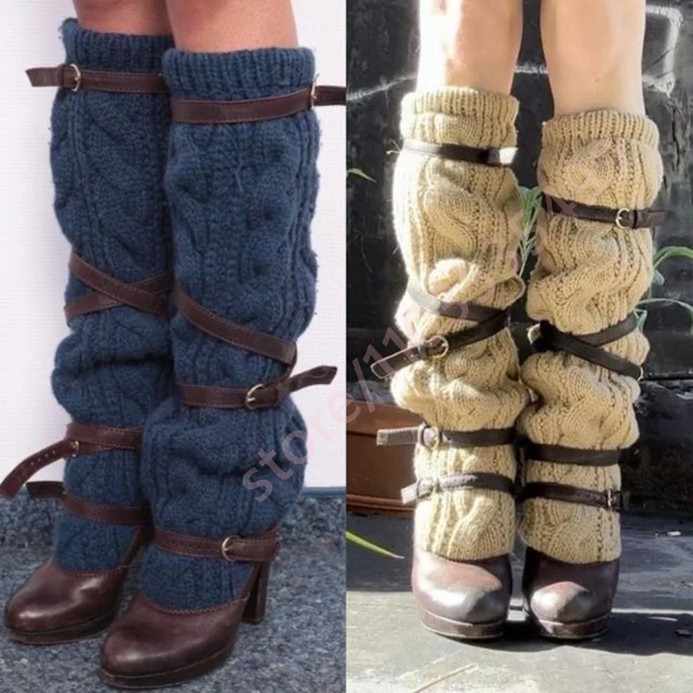 

Зимние высокие сапоги до колена с вязаными вставками и пряжкой, модель 2026 года, с круглым носком, на массивном каблуке, для вечеринок и повседневной носки, модные женские сапоги