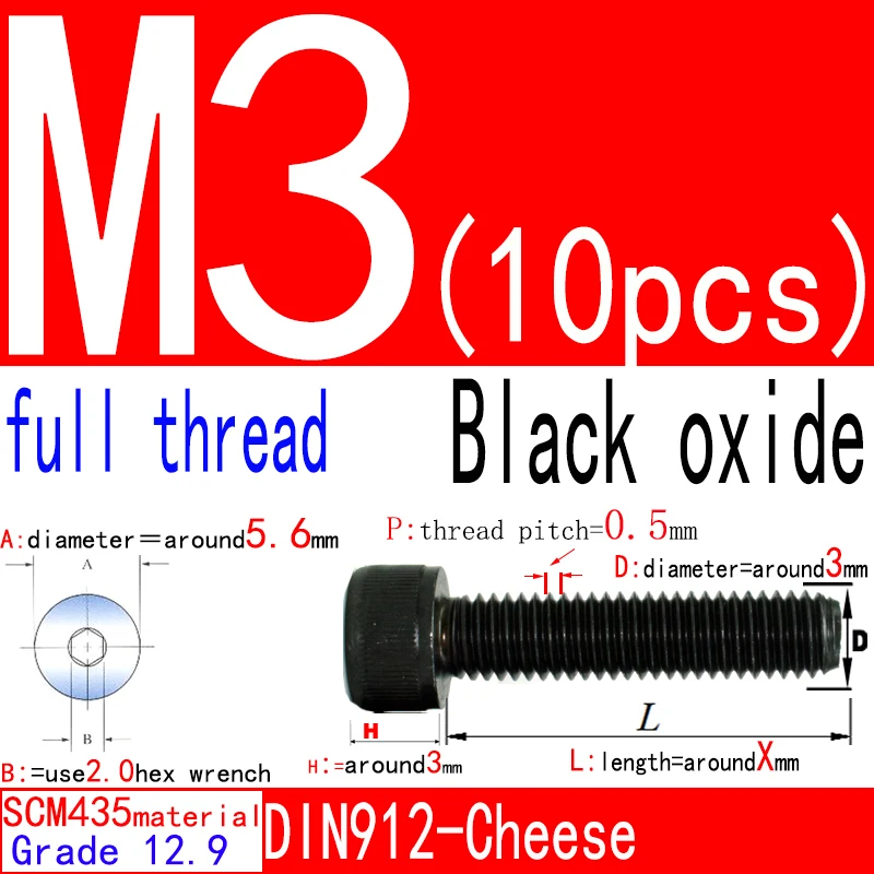 Surface Finish: Black Nickel Plated, 12.9 High Strength Hexagon Socket Head Cap Screws, DIN912 standard, for model accessories