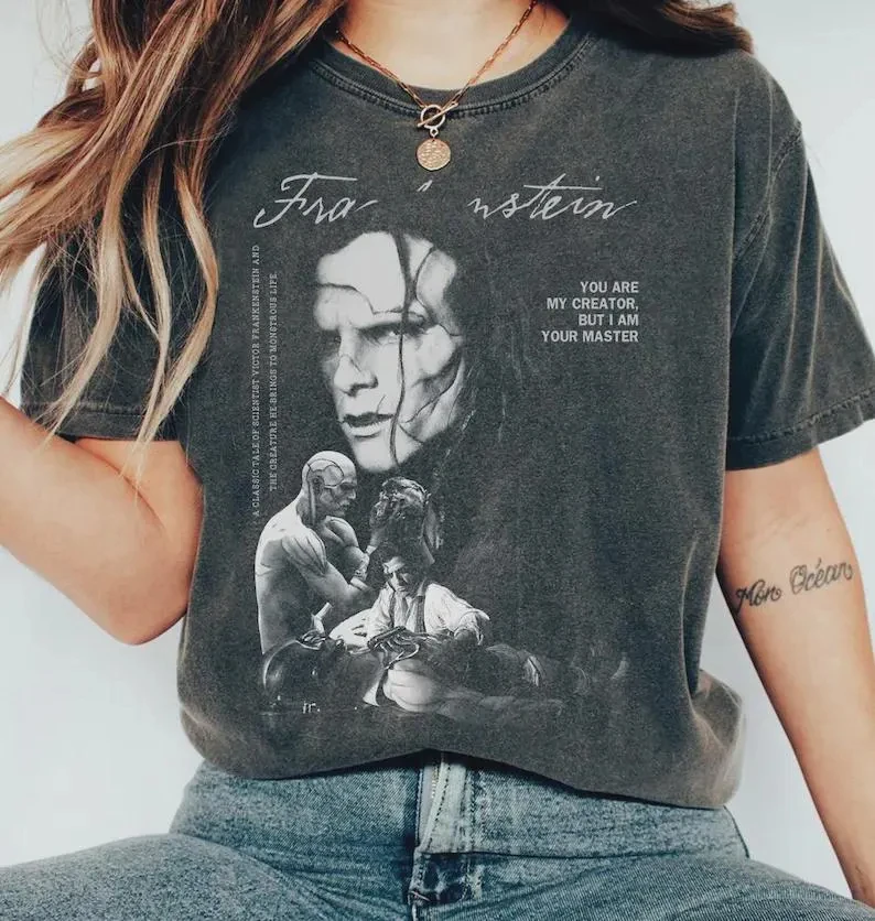 Vintage Frankenstein Pattern T-shirt Classic Horror Monster T-shirt Mary Shelley Book Peripheral Printed Pattern Women's T-shirt