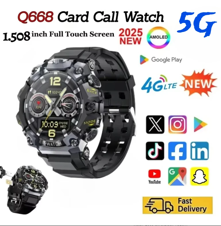 Q668 5G Smartwatch, 1.5 Inch AMOLED HD Screen, Support  5G SIM Card, GPS WiFi, IP68 Waterproof for Swimming & Fitness
