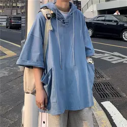 Men's Trend Pockets Patchwork Loose T Shirts Summer New Short Sleeve Hooded Solid Youth Tops Tees Fashion Harajuku Men Clothing