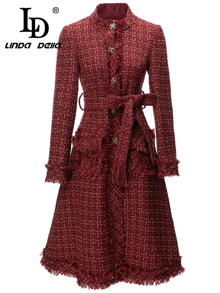 

LD LINDA DELLA Winter Fashion Runway Coat Women's Single-breasted Belt Striped multi-pocket Splice Ruffle Nice and warm Coat