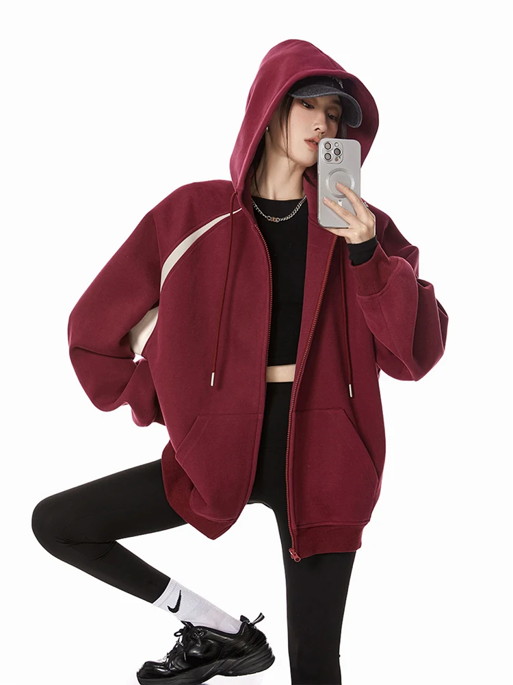 Women Fashion Retro Hoodies Autumn Winter Loose Hooded Jackets Coat Y2k Harajuku Zip Up Cardigan Casual Long Sleeve Sweatshirt