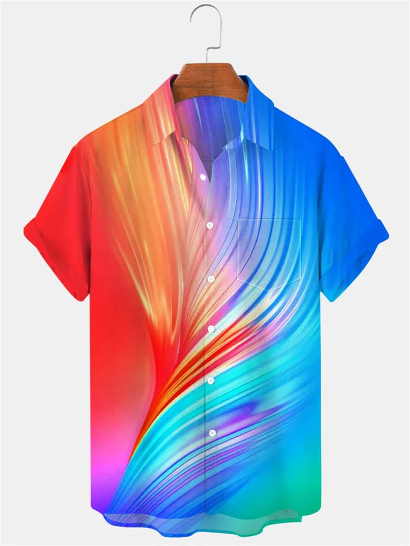 2025 men's shirt lapel top fashionable men's Hawaiian shirt short sleeved street wear 3D printed striped patch