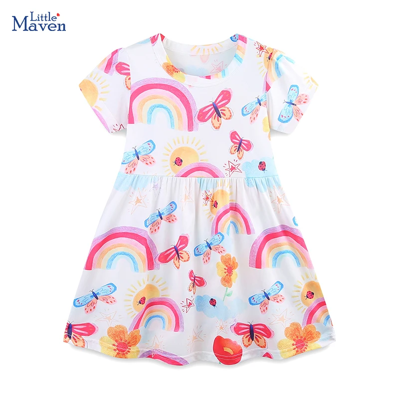 

Little maven 2025 Summer New Children's Clothing Kids Clothes Baby Girls Cartoon Rainbow Butterfly Dresses 2-7 Years