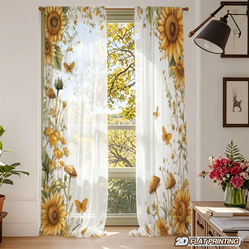 2PCS Digital Printing Sheer Curtain, Autumn Leaves Fall Maple Orange Pattern, Thanksgiving Harvest Seasonal Rustic Warm Decor