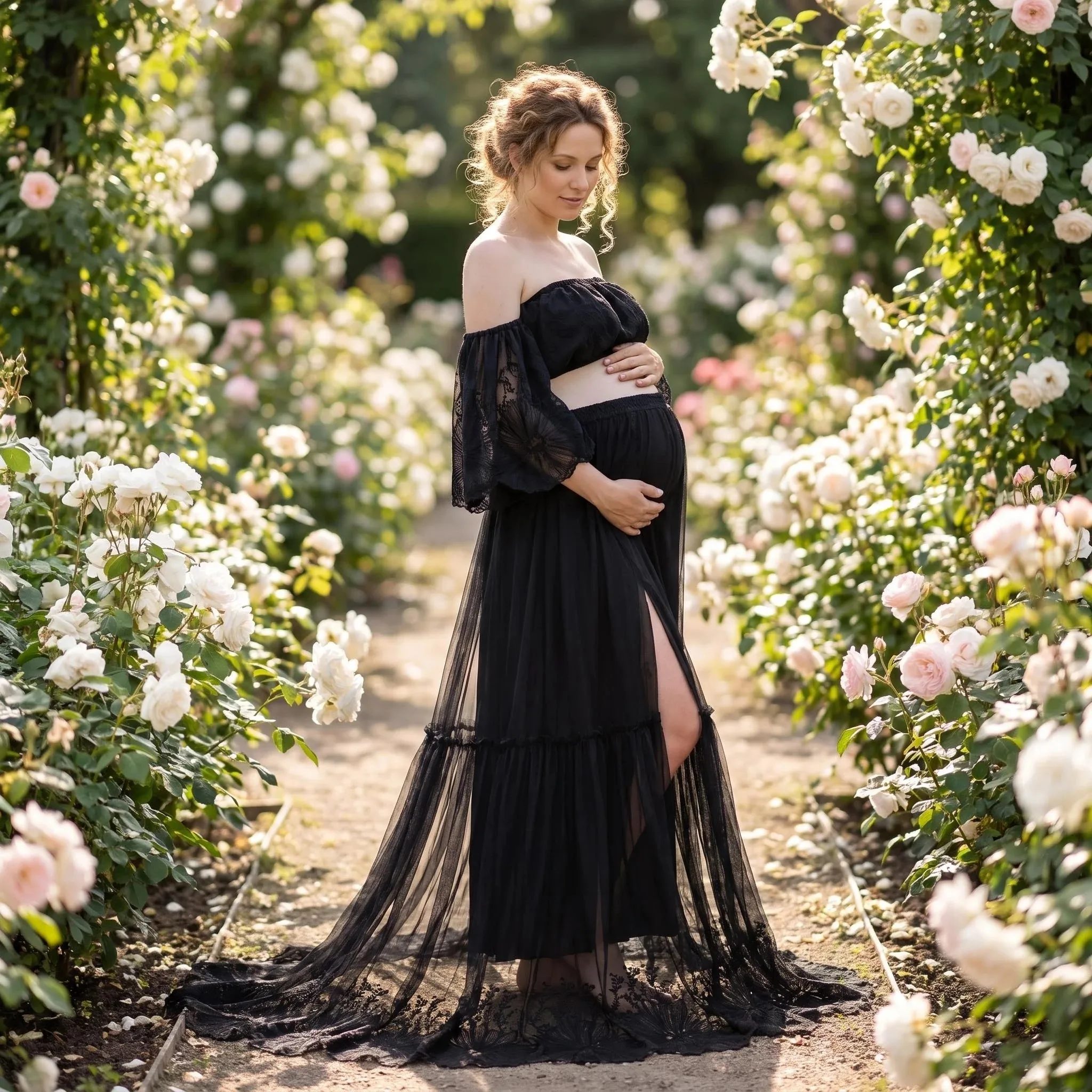 Don&Judy Two Pieces Maternity Woman Dress Baby Shower Gown Off Shoulder Dresses Embroider Lace Dress For Photography Props