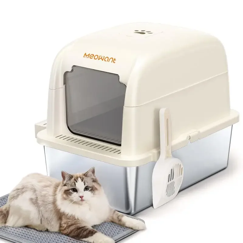 Meowant LB02 Stainless Steel Cat Litter Box - Extra Large 3-in-1 Enclosed/Open Top with Lid