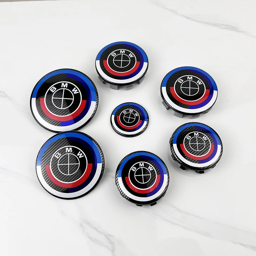 7Pcs Car Wheel Center Caps Fiber Black Car Hood Front Rear Trunk Emblem For BMW F20 E36 E46 X6 M4 E60 E93 E87 G01 G20 X3 X5 F30