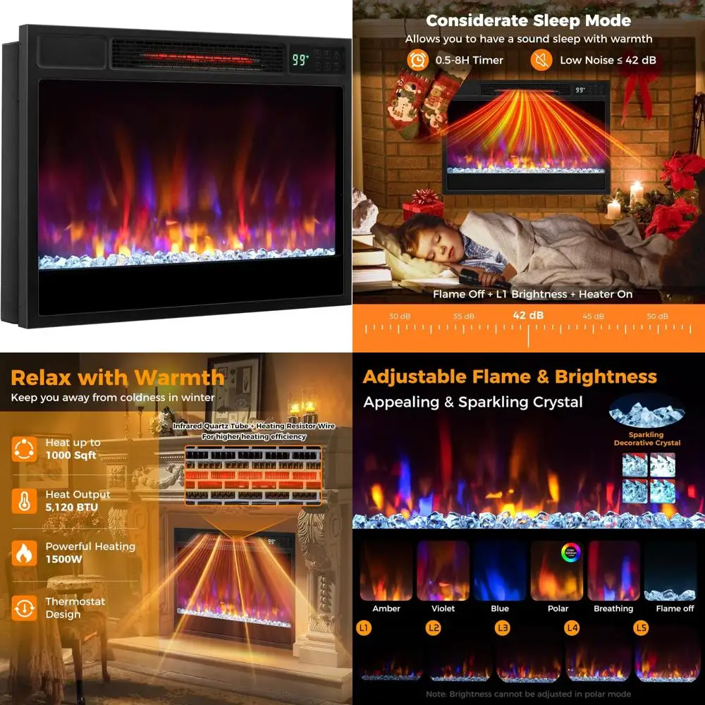 

23 Electric Fireplace Insert, 1500W Recessed Design with Remote, 6 Flame Colors, 5 Brightness Levels, High-Efficiency Heating