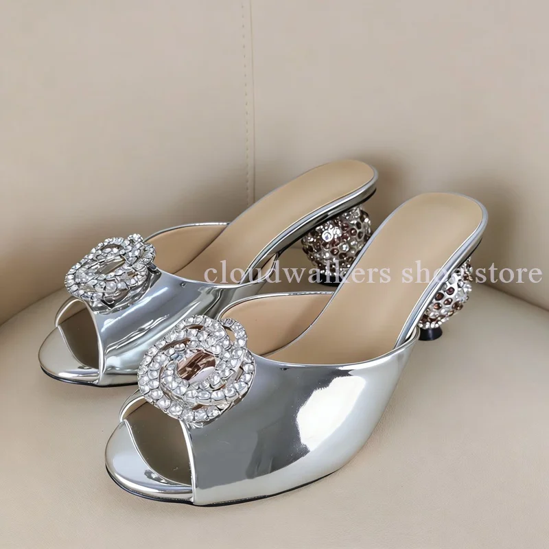 Luxury Crystal Buckle Mule Heels Women Mirror Metallic Peep Toe Slides Rhinestone Ball Heel Evening Cocktail Party Dress Sandals