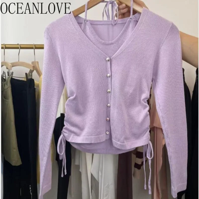 OCEANLOVE Fake 2 Pieces Halter Women Sweaters Solid Autumn Winter Simple Sweet Pull Femme Korean Fashion Short Pullovers