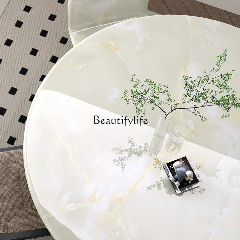 Natural white ice jade dining table light luxury high-end marble small apartment cream wind round table