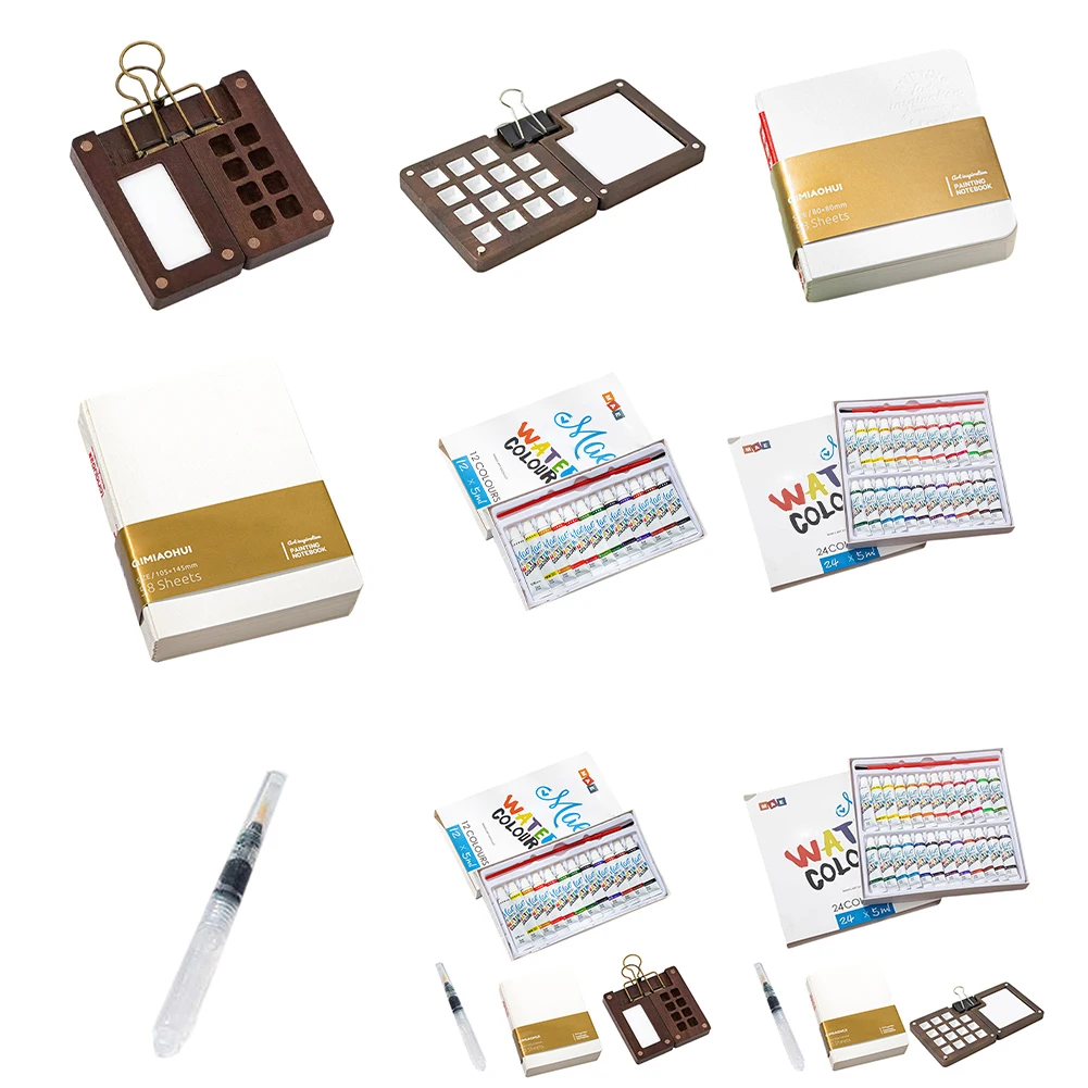 

Travel Paint Palette Multi Colors Wooden Grid Paint Box Watercolor Sketch Book with Binder Clips for Painters Artists Students