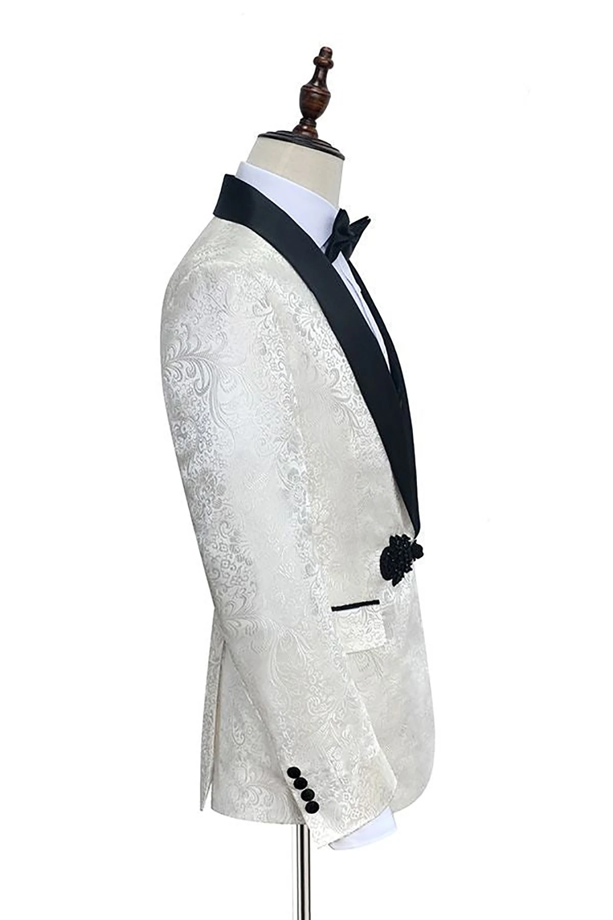 White Wedding Tuxedo for Groom 3 Pieces Slim Fit Floral Jacquard Suits Shawl Lapel Costume Jacket with Pants Vest