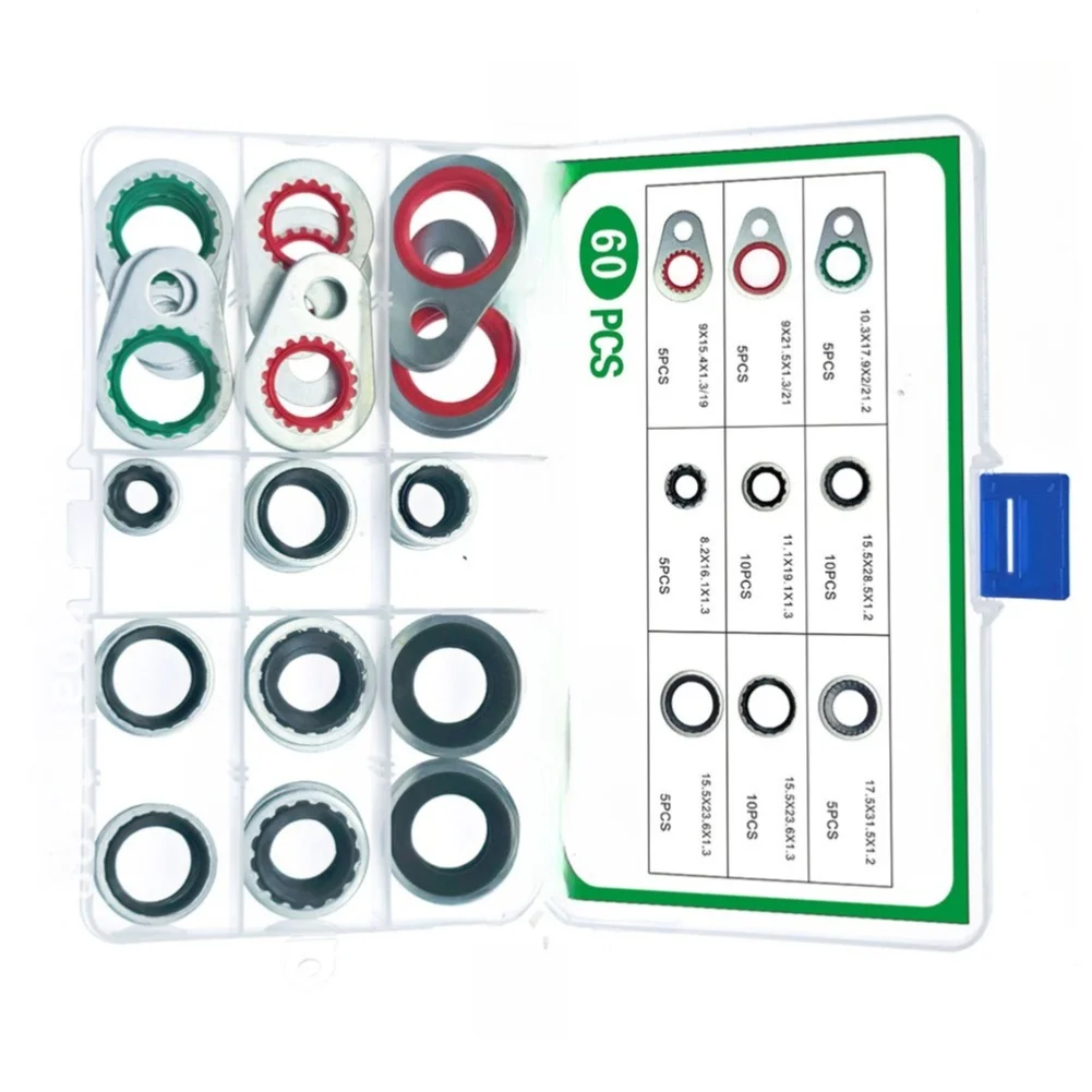 AC Compressor Seal Washer Kit 60 Pieces Metal Rubber Composite for Vehicle Air Conditioning System Pipe Connection Sealing