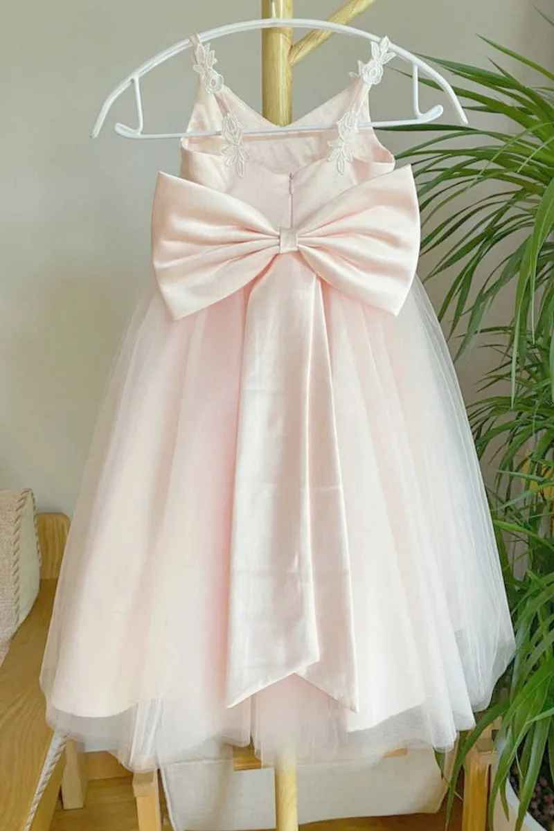 White Pink Flower Girl Dress Elegant Tulle Features With Straps Lace Top And Bow Fit Wedding Party Birthday First Communion Gown