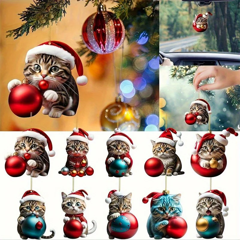 10-Piece Christmas Cat Acrylic Ornament Set Festive Keychain Pendants for Home and Party Decor Santa Hat Feline Tree Decorations