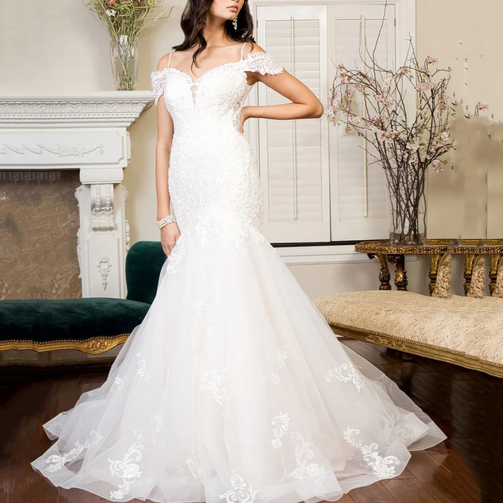 

Mermaid Customized Wedding Dress Luxury Applique Bride Dresses Sweetheart Lace Spaghetti Straps Bridal Gowns Vestidos De Novia