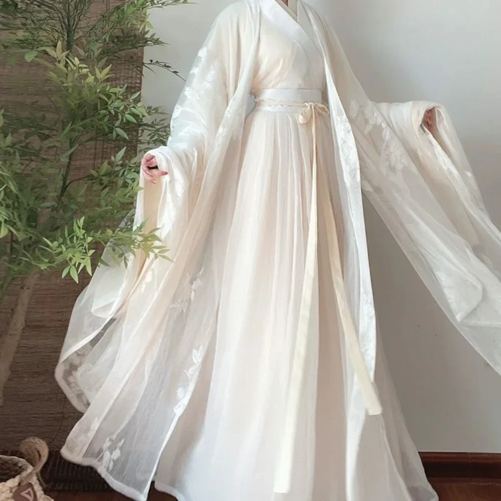 Elegancka sukienka Hanfu kobiety starożytny chiński tradycyjny płaszcz Hanfu strój kobieta przebranie na karnawał pokaz imprezowy beżowa suknia 3/4 szt. Zestawy