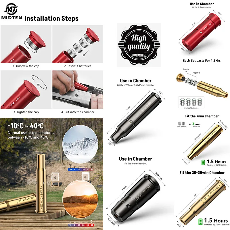 MidTen Bore Sighting Red L-aser 223 5.56mm 9MM 7MM 30-30WIN 6.5 CM 12GA Sighter with Extra Batteries