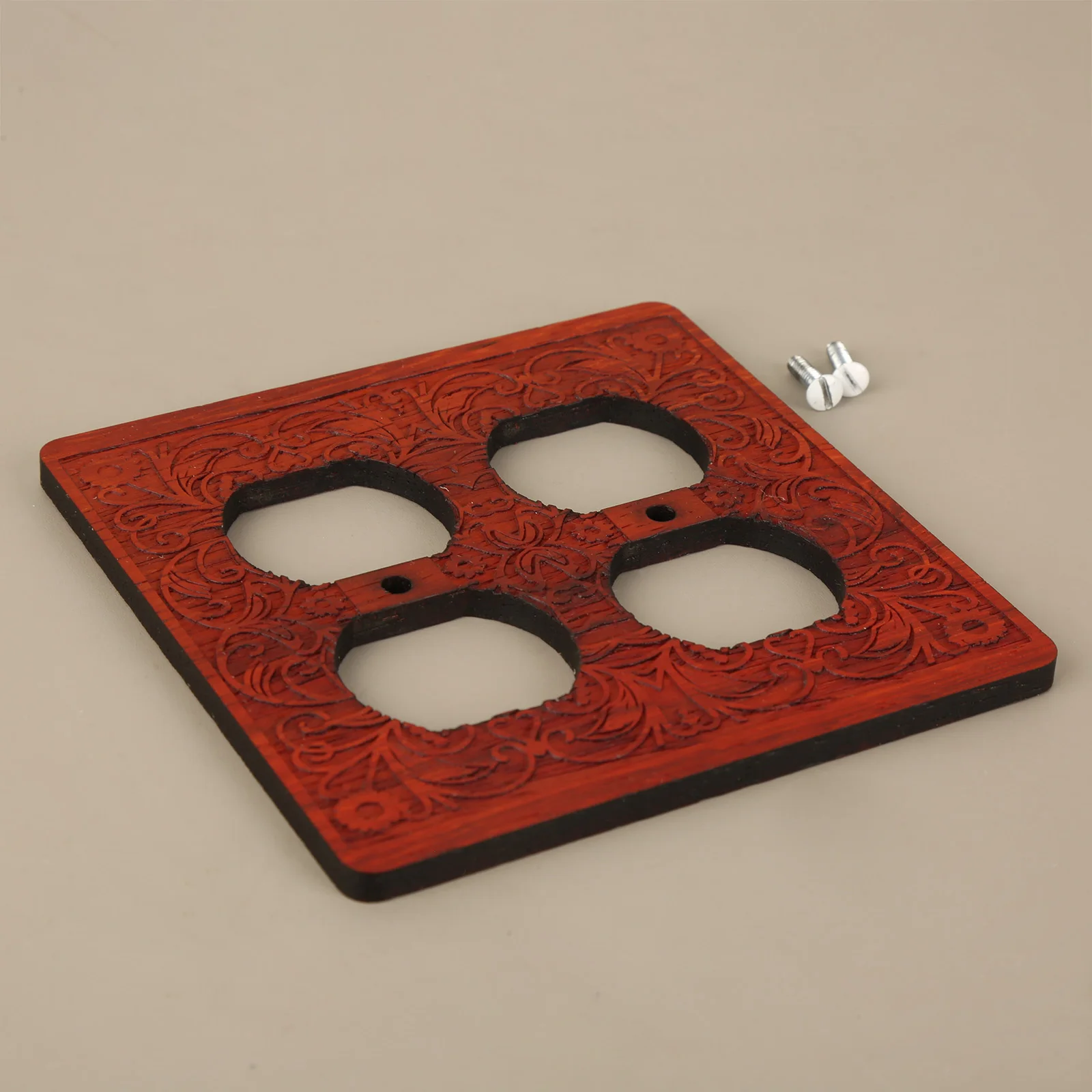 Cross-border Reddish Brown Wood Vintage Carved Double Toggle Switch Plate European Embossed Pattern Double Switch Wall Decor Cov