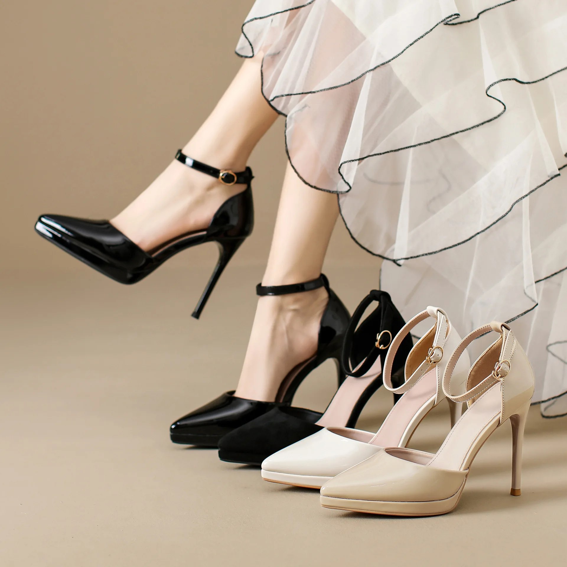 

2026 Women's Pointed Toe Stiletto Heels - Ankle Strap Patent/Suede Shoes for Party Office Plus Size 33-42