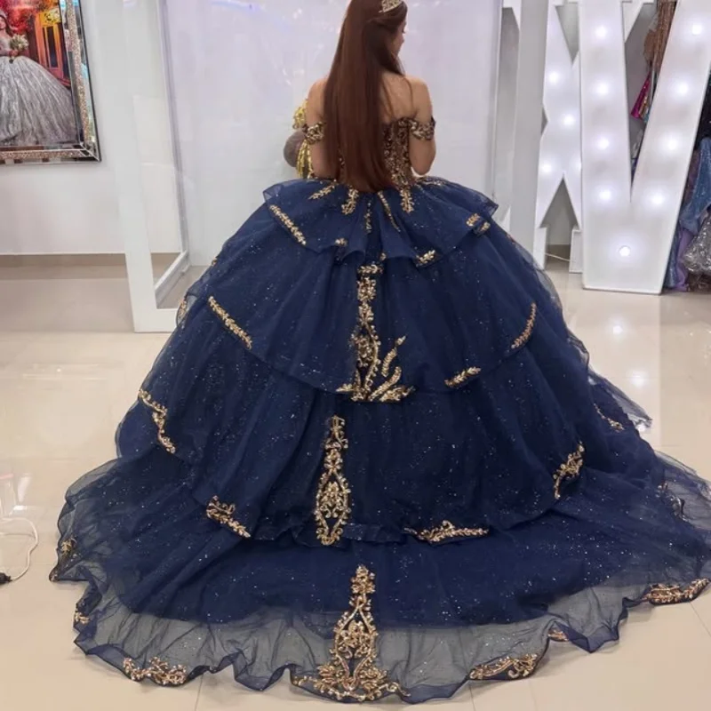 Customized royal blue Quinceanera Dresses Off the Shoulder golden sequin applique layering Tull Long tail Vestido 15 Quinceanera