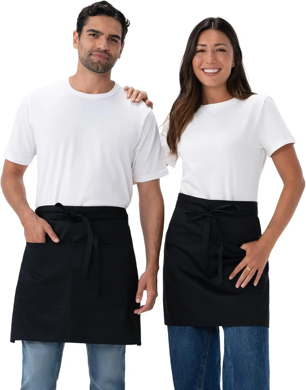 

Unisex Half Bistro Server Apron, Lightweight Polyester, Adjustable Neck, 3 Pockets, for Waitstaff Bartenders