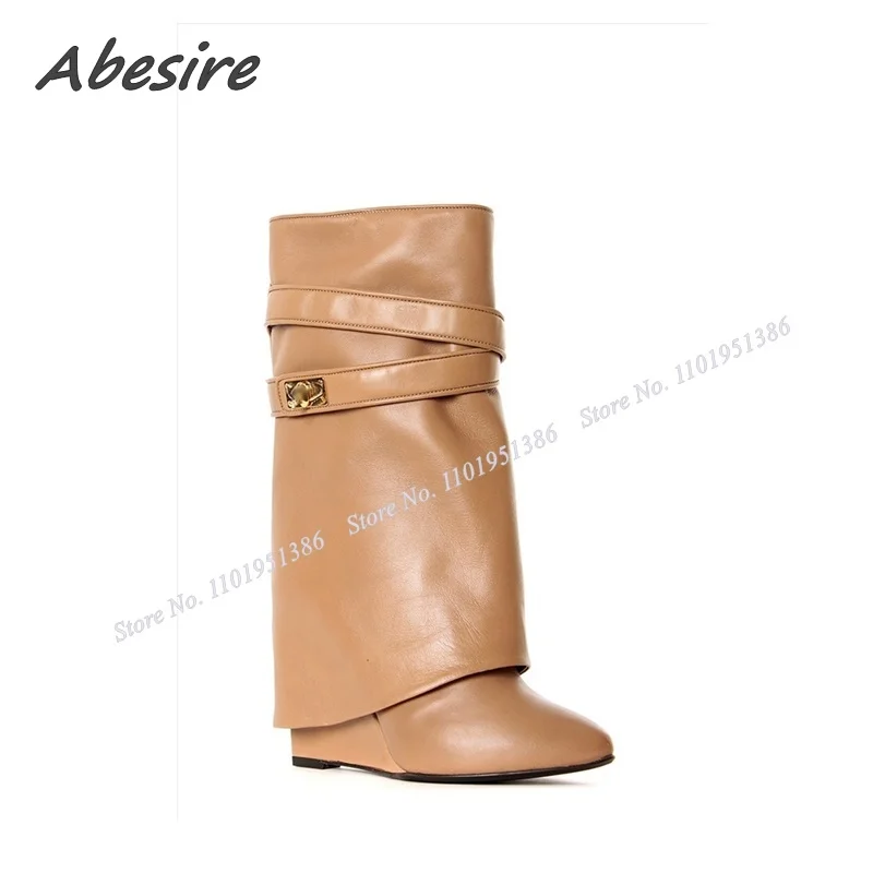 

Abesire Khaki Wedges Shark Boots Buckle Decor High Heels Shoes for Women Solid Mid Calf New Botas Fashion Runway Shoes on Heels