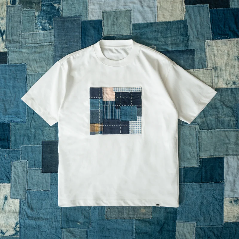 

High Quality Japanese Style Vintage Indigo-dyed Patchwork Short-sleeve T-shirt Men Women Casual Fashion Tops Tees T-shirts