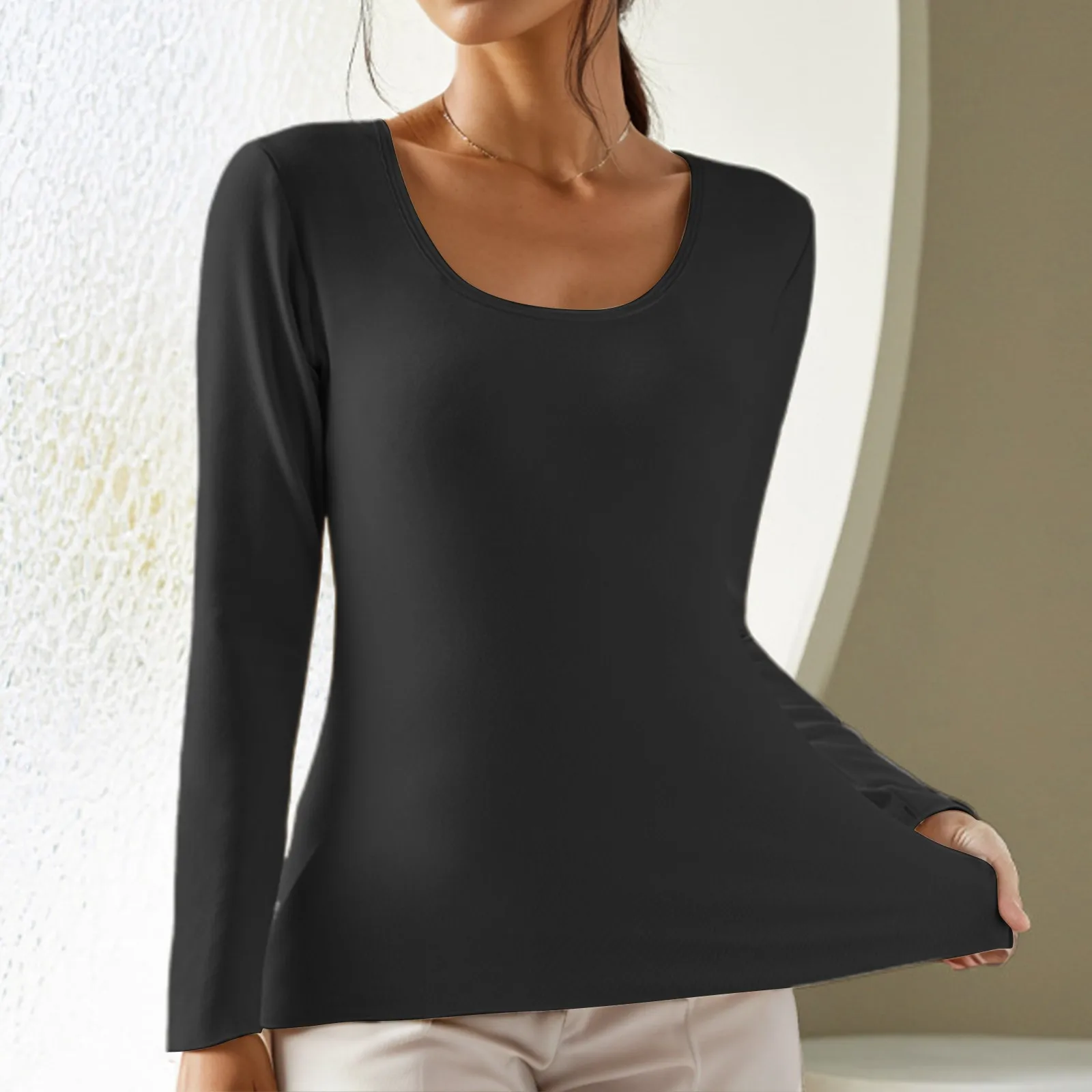 

New Women Winter Warm Bottoming Shirt Constant Temperature Plus Velvet Long-Sleeved Thin Velvet Heating Fiber Thermal Top