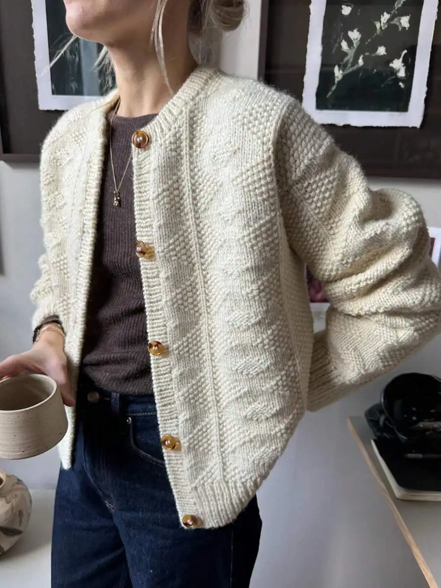 

Vintage Knit Cardigan With Star Pattern Loose Fit Round Neck Slouchy Sweater Jacket Autumn Winter