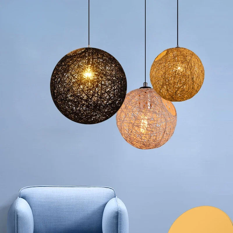 Nordic Hemp Ball Pendant Lamp Modern Rattan Art Ball Hanging Lights Creative Living Dining Room Bedroom Bird Nest Light Fixture