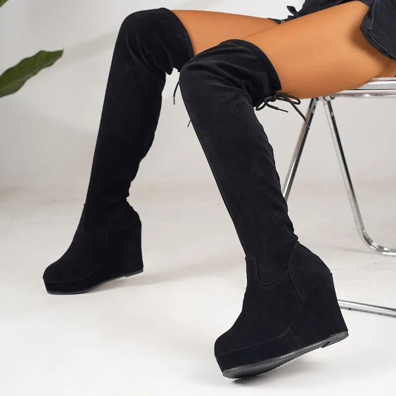 

Hot Selling 43 Plus Size 2025 Autumn New Style Sloping Heel Knee High Lace Up Elastic Boots Platform Shoes