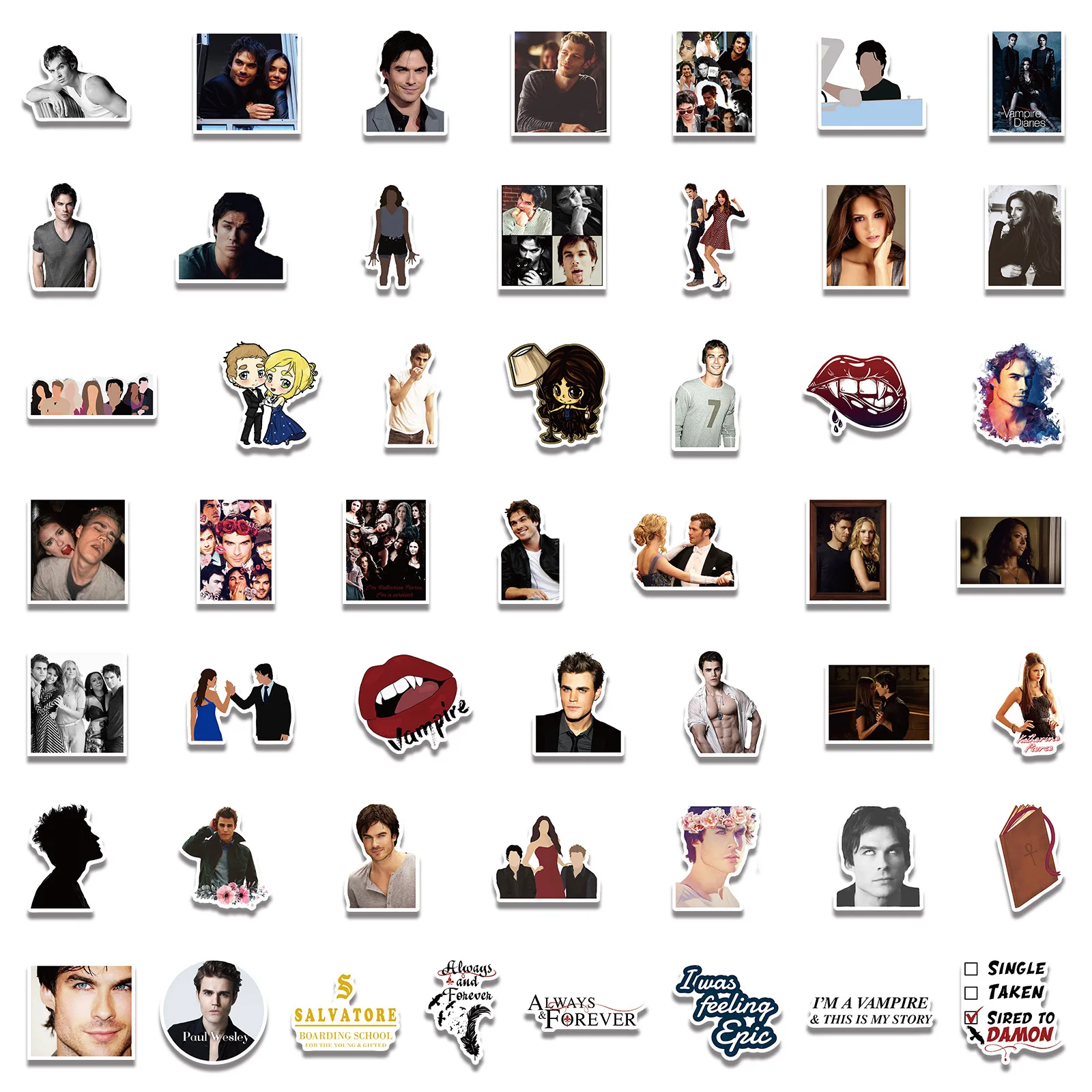 50 قطعة المسلسل التلفزيوني الأمريكي الشعبي يوميات مصاص الدماء الكتابة على الجدران ملصقات الأمتعة أجهزة الكمبيوتر المحمولة القيثارات دفتر ملصقات مقاومة للماء