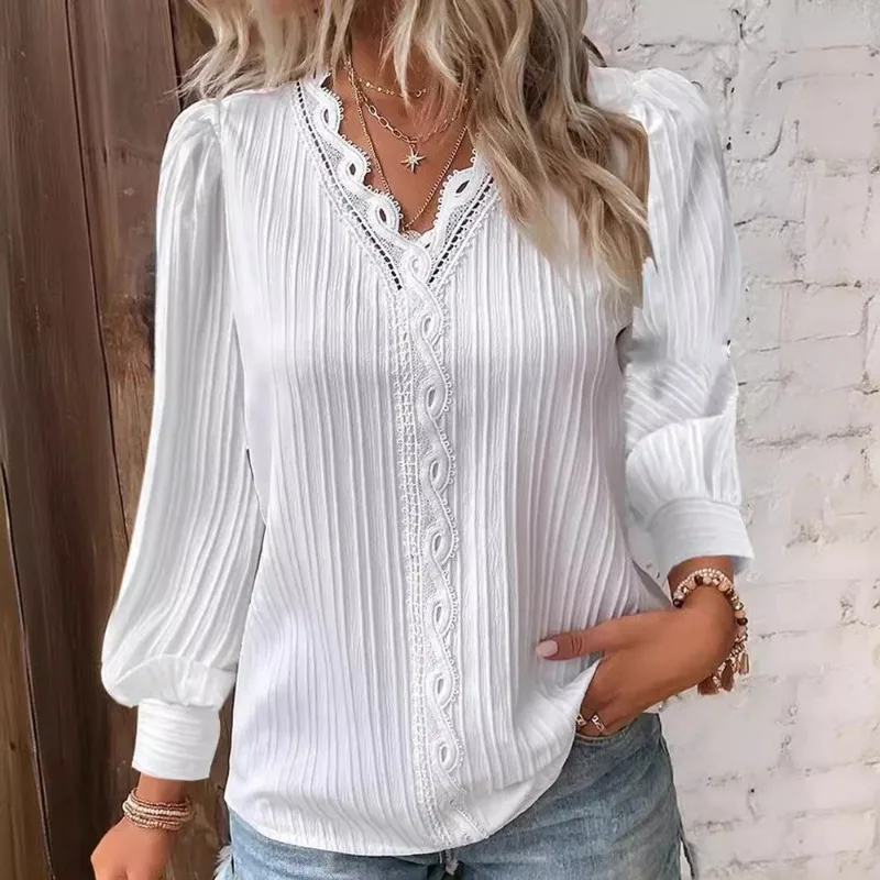 Spring Autumn Women's Long Sleeve V-neck Lace T-Shirt Fashion Chic Loose Pullover Blouse Female Elegant Commuter Top