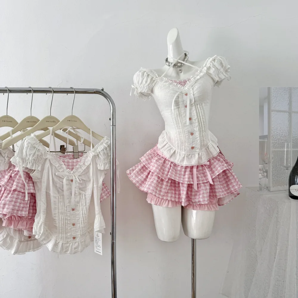 

Summer Princess Sweet Lolita Suit Girls Slim Design Casual Tops Fluffy Plaid Y2k Mini Skirt Set Kawaii Two Piece Sets Women Chic