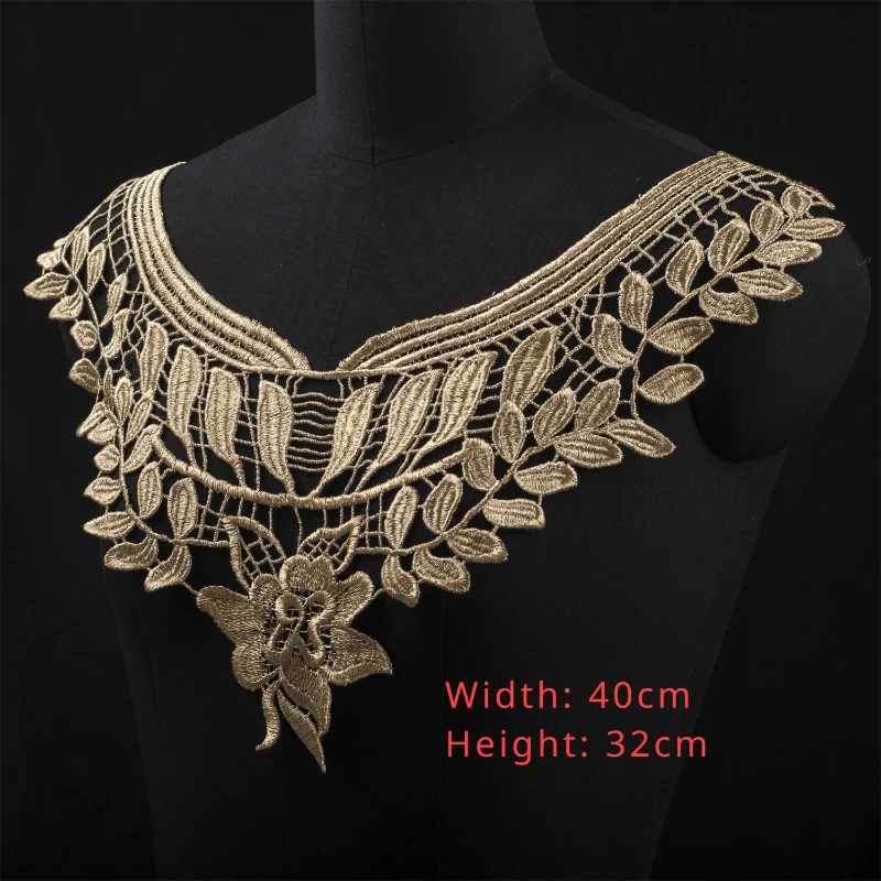 3D Gold Polyester Embroidery DIY Flower Lace Collar, Fabric Sewing Applique, Ribbon Trim, Neckline Guipure Cloth, Wedding Decor